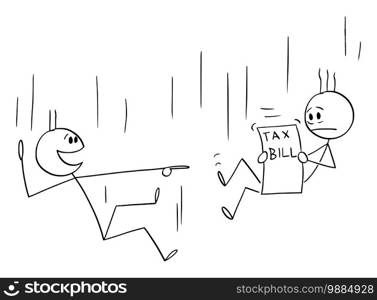 Vector cartoon stick figure illustration of two men or businessmen falling down, one is frustrated by tax bill, second is laughing him.. Vector Cartoon Illustration of Two Men or Businessmen Falling Down, One Is Frustrated by Tax Bill, Second is Laughing