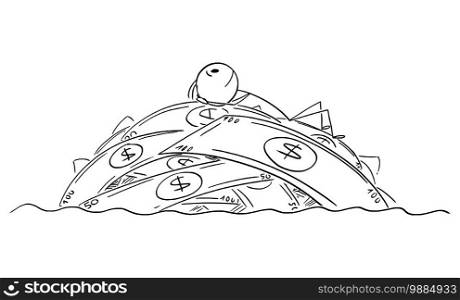 Vector cartoon stick figure illustration of wealthy successful man or businessman dreaming about lying on island created from money or banknotes.. Vector Cartoon Illustration of Successful Wealthy Man or Businessman Lying and Dreaming on Island Created from Banknotes or Money.