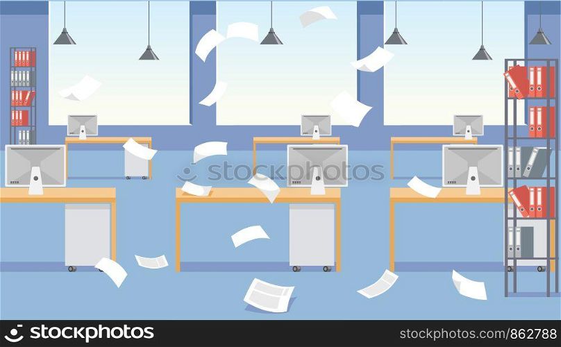 Vector cartoon stressful office environment. Stressed vector cartoon characters. Empty office tables on the background of the workspace. Fun cartoon characters. Vector illustration of work situation.
