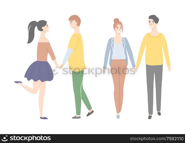 Vector cartoon students in love, male and female characters. Dating teenagers, girl in short skirt or trousers, boy in yellow sweater isolated people. Cartoon Students in Love Male and Female Character