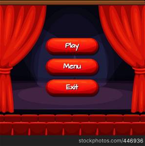 Vector cartoon style buttons with text for game design on theater scene with curtains background. Interface game menu illustration. Vector cartoon style buttons with text for game design on theater scene with curtains background