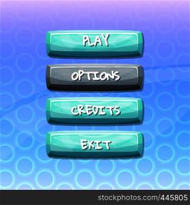 Vector cartoon style enabled and disabled buttons with text for game design on shiny circles background illustration. Vector buttons with text for game