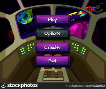 Vector cartoon style enabled and disabled buttons with text for game design on spaceship texture background. Game interface button in spaceship interior illustration. Vector cartoon style enabled and disabled buttons with text for game design on spaceship texture background
