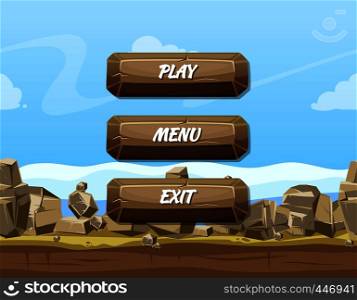 Vector cartoon style stone buttons with text for game design on rocks and sky background. Template menu design for app game illustration. Vector cartoon style stone buttons with text for game design on rocks and sky background