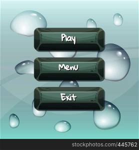 Vector cartoon style stone buttons with text for game design on waterdrops background illustration. Vector cartoon style stone buttons