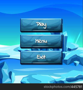 Vector cartoon style wavy buttons with text for game design on ice landscape background illustration. Vector cartoon style buttons ice