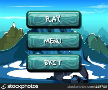 Vector cartoon style wavy buttons with text for game design on mountain background illustration. Vector cartoon style wavy button