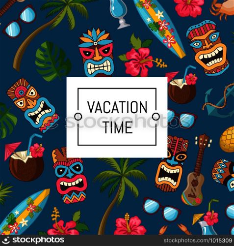 Vector cartoon summer travel elements background illustration. Colored of mask tiki and pineapple, crab and green palm leaf. Vector cartoon summer travel elements background illustration