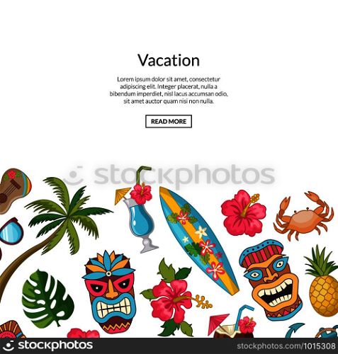 Vector cartoon summer travel elements background illustration. Vacation web banner with color elements. Vector cartoon summer travel elements background illustration