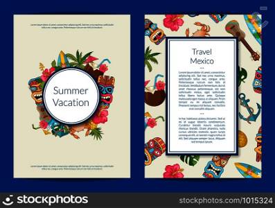 Vector cartoon summer travel elements card or flyer template illustration. Vector cartoon summer travel card or flyer illustration