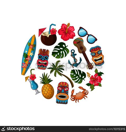 Vector cartoon summer travel elements in circle shape illustration. Hawaii surf and totem mask, guitar and cocktail. Vector cartoon summer travel elements in circle shape illustration