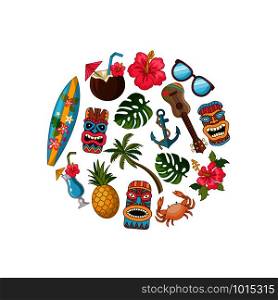 Vector cartoon summer travel elements in circle shape illustration. Hawaii surf and totem mask, guitar and cocktail. Vector cartoon summer travel elements in circle shape illustration