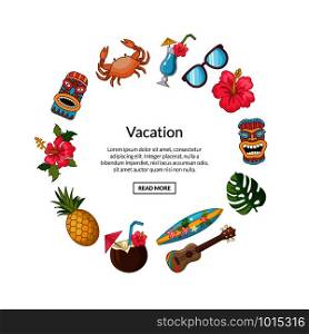 Vector cartoon summer travel elements in circle shape with place for text illustration isolated on white background. Vector cartoon summer travel elements in circle shape with place for text illustration