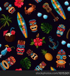 Vector cartoon summer travel elements pattern or background illustration. Hawaii pattern, summer tropical travel, surfboard and mask. Vector cartoon summer travel elements pattern or background illustration