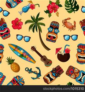 Vector cartoon summer travel elements pattern or background illustration. Colored background tropic. Vector cartoon summer travel elements pattern or background illustration