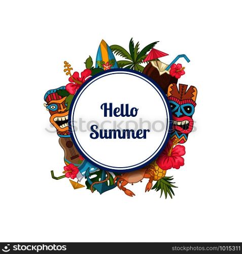 Vector cartoon summer travel elements under circle with place for text illustration isolated on white background. Vector cartoon summer travel elements under circle with place for text illustration