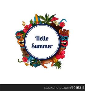 Vector cartoon summer travel elements under circle with place for text illustration isolated on white background. Vector cartoon summer travel elements under circle with place for text illustration