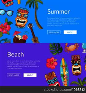 Vector cartoon summer travel with colored elements web banner and poster templates illustration. Vector cartoon summer travel elements web banner templates illustration