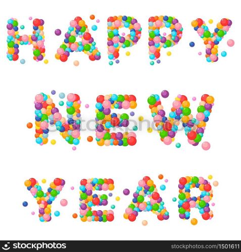 Vector cartoon text for kids of the colored balls. Happy new year.. Vector cartoon text for kids of the colored balls. Happy new year