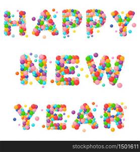 Vector cartoon text for kids of the colored balls. Happy new year.. Vector cartoon text for kids of the colored balls. Happy new year