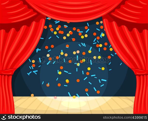 Vector Cartoon theater with open curtain and rays of spotlights, falling confetti. Color &#xA;illustration theater. Stock vector illustrationillustration