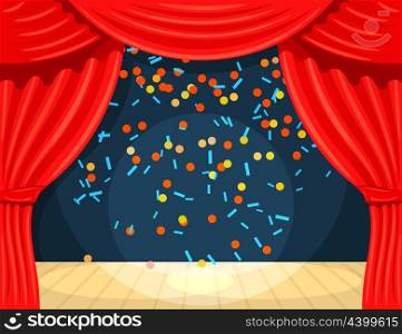 Vector Cartoon theater with open curtain and rays of spotlights, falling confetti. Color &#xA;illustration theater. Stock vector illustrationillustration