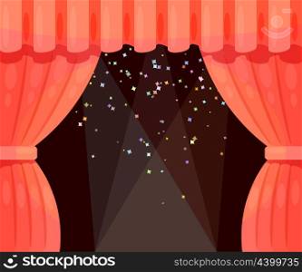 Vector Cartoon theater with open curtain and rays of spotlights, falling stars. Color &#xA;illustration theater. Stock vector illustration
