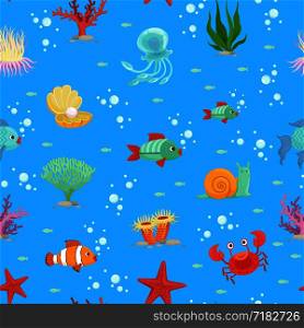 Vector cartoon underwater creatures and seaweed pattern or background illustration. Fish in ocean, seaweed in sea. Vector cartoon underwater creatures and seaweed pattern or background illustration