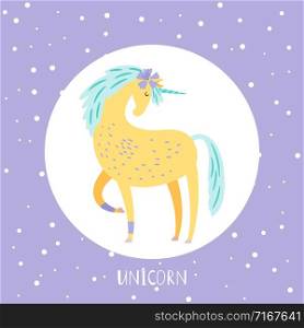 Vector cartoon unicorn card design in round. Illustration of horse unicorn, cartoon fairytale animal. Vector cartoon unicorn card design in round