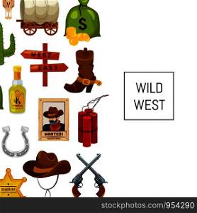 Vector cartoon wild west elements background with place for text illustration. Web banner for page site. Vector cartoon wild west elements background with place for text illustration