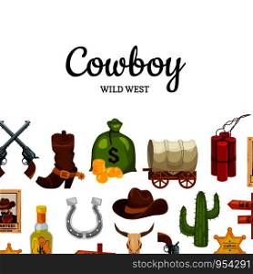 Vector cartoon wild west elements background with place for text illustration. Vector cartoon wild west background with place for text