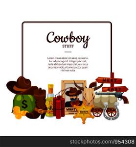 Vector cartoon wild west elements below frame with place for text illustration. Vector cartoon wild west elements with place for text