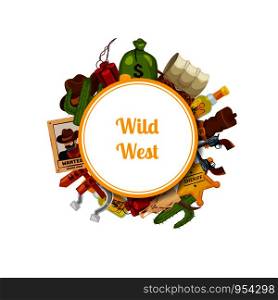 Vector cartoon wild west elements under circle with place for text illustration. Vector cartoon wild west elements with place text illustration