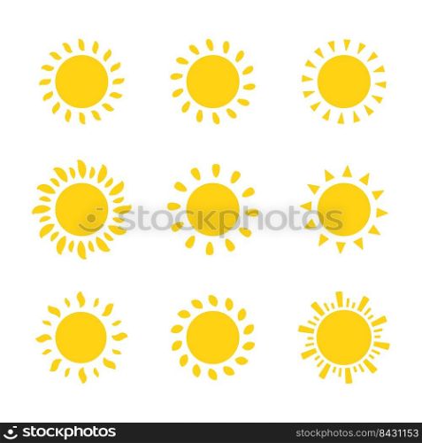 Vector cartoon yellow sun Shining light rays to heat the summer. Isolated on white background.