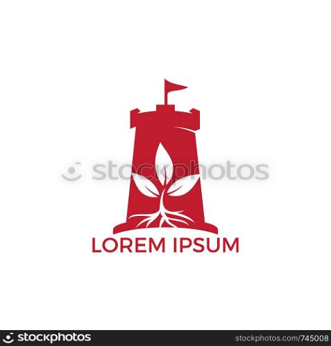 Vector castle and leaf logo combination. Tower and eco symbol or icon. Unique fortress and organic logotype design template.
