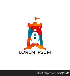 Vector castle and rocket logo combination. Tower and airplane symbol or icon. Unique fortress and flight logotype design template.