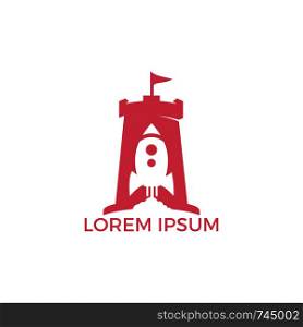 Vector castle and rocket logo combination. Tower and airplane symbol or icon. Unique fortress and flight logotype design template.