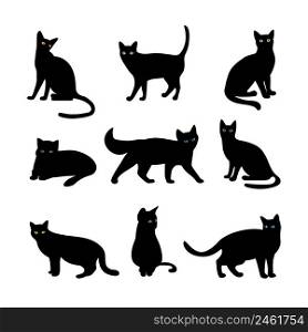 Vector cats set. Animal pet, wildcat and kitten, hunter and predator, black silhouette illustration. Vector cats