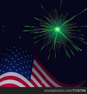 Vector celebration vibrant green fireworks and United States flag background. Independence Day, 4th of July holidays salute greeting card.