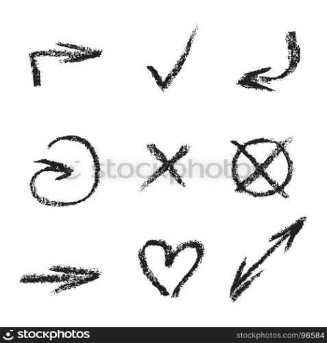 vector chalk charcoal realistic texture. vector black monochrome chalk charcoal decorative stroke navigation symbols realistic texture set isolated on white background