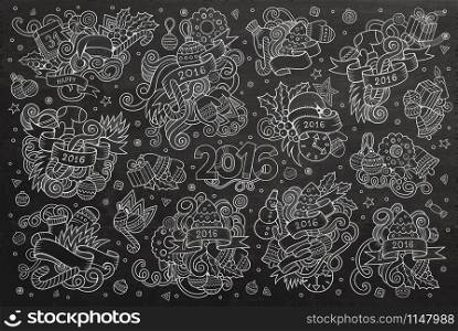 Vector chalkboard hand drawn Doodle cartoon set of objects and symbols on the New Year and Christmas theme. Chalkboard vector hand drawn Doodle set of New Year objects