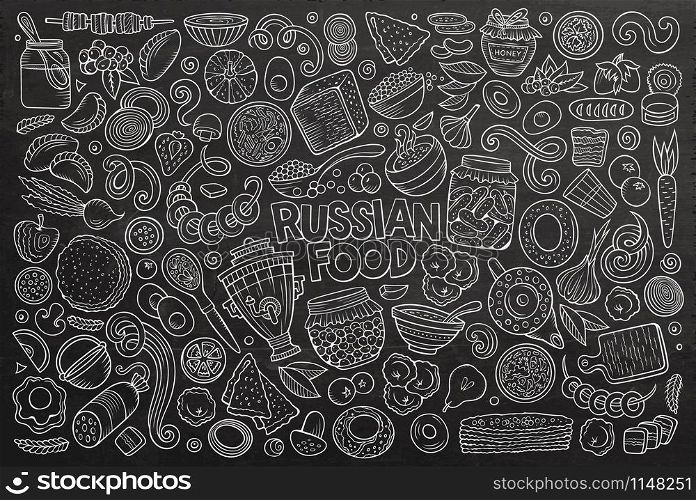 Vector chalkboard hand drawn doodle cartoon set of Russian food theme items, objects and symbols. Vector cartoon set of Russian food objects