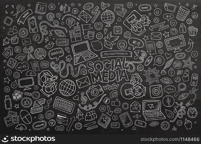 Vector chalkboard line art Doodle cartoon set of objects and symbols on the Social Media theme. Vector chalkboard line art Doodle cartoon set of objects