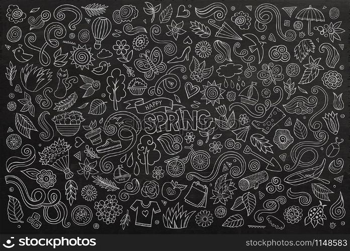 Vector chalkboard line art Doodle cartoon set of objects and symbols on the Spring nature theme. Vector chalkboard line art Doodle cartoon set of objects