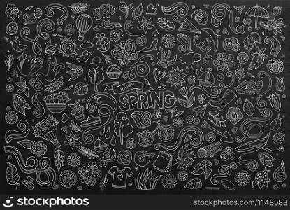 Vector chalkboard line art Doodle cartoon set of objects and symbols on the Spring nature theme. Vector chalkboard line art Doodle cartoon set of objects