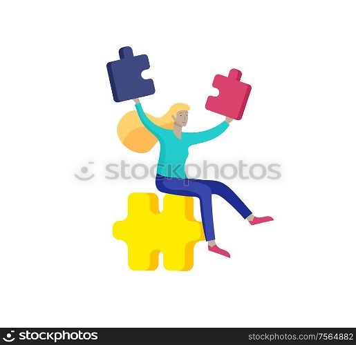 Vector character business people with infographic of puzzle have solution. Goal thinking. Cooperation by group to create a team. Concept for web design Colorful flat concept illustration.. Vector character business people with infographic of puzzle have solution. Goal thinking. Cooperation by group to create a team. Concept for web design Colorful flat concept