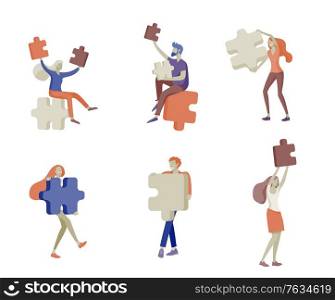 Vector character business people with infographic of puzzle have solution. Goal thinking. Cooperation by group to create a team. Concept for web design Colorful flat concept illustration.. Vector character business people with infographic of puzzle have solution. Goal thinking. Cooperation by group to create a team. Concept for web design Colorful flat concept