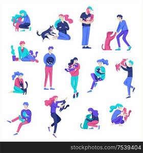 Vector character. Happy people with their pets, cat and dog love their owners. Colorful flat concept illustration.. Vector character. Happy people with their pets, cat and dog love their owners