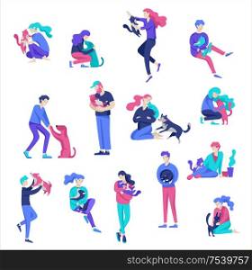 Vector character. Happy people with their pets, cat and dog love their owners. Colorful flat concept illustration.. Vector character. Happy people with their pets, cat and dog love their owners