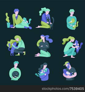 Vector character. Happy people with their pets, cat love their owners. Colorful flat concept illustration.. Vector character. Happy people with their pets, cat love their owners